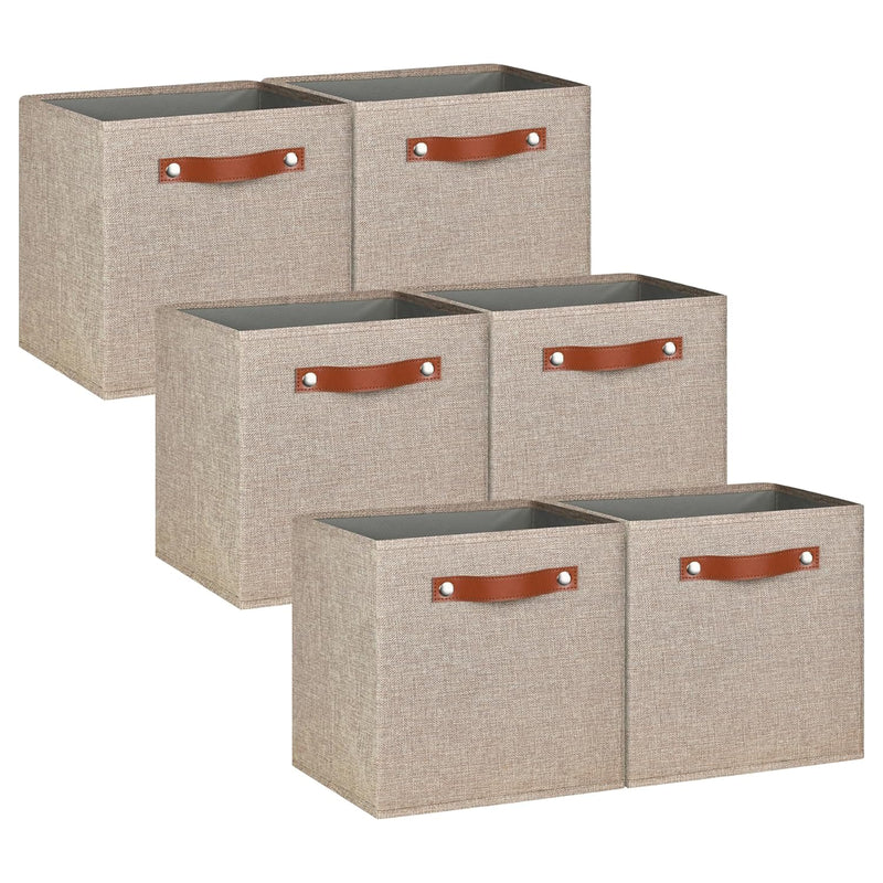 11 Inch Cube Storage Bin - 6 Pack - Linen Fabric Cubby Storage Bins For Bedroom,