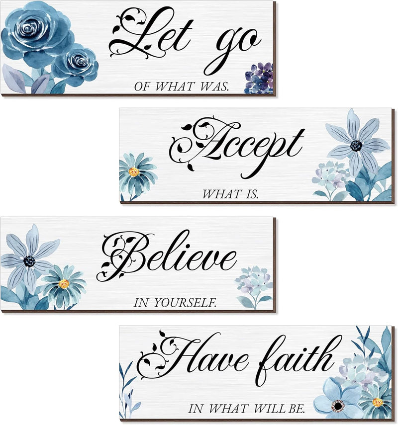 4 Pieces Blue Flower Wall Decor For Bedroom, Accept-Let go-Have faith-Believe Wooden Inspirational Wall Art Decorations for Living Room Bathroom,Rustic Wooden Farmhouse Home Decor, 12 x 4 Inch