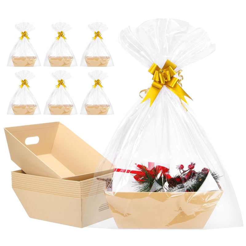 10Pack Baskets For Gifts Empty, 10X12”Thick Kraft Gift Basket With 10 Bows 10 Ba