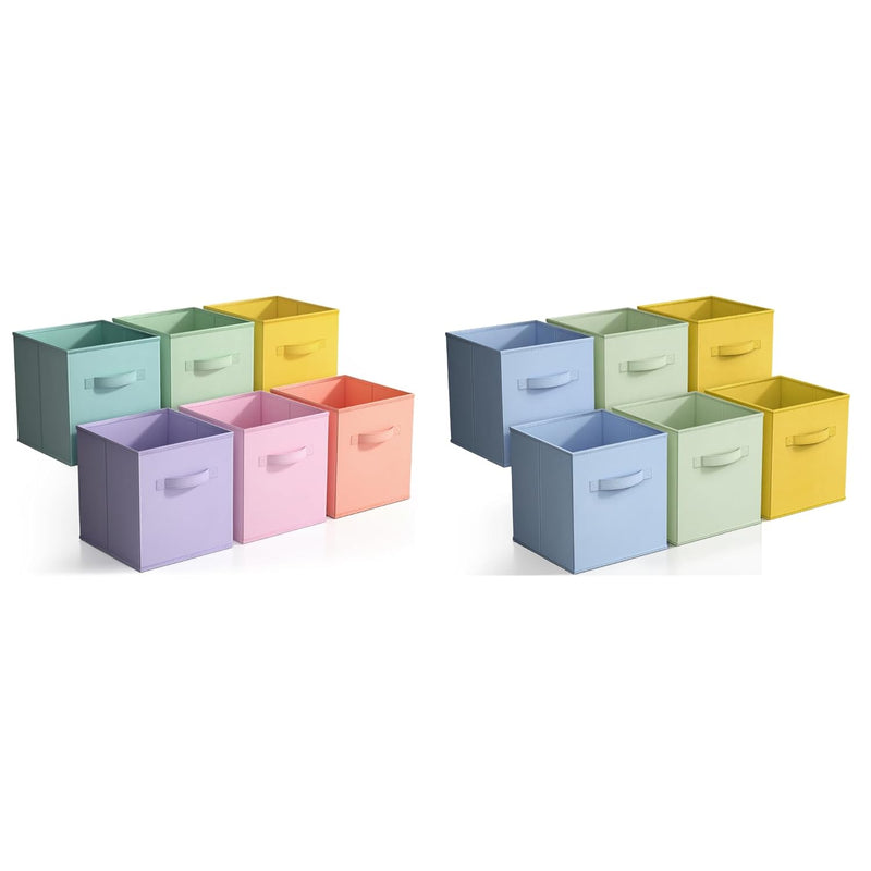 11 Inch Cube Storage Bins Bundle - Set Of 6 Pastel Rainbow Bins & Set Of 6 Blue,