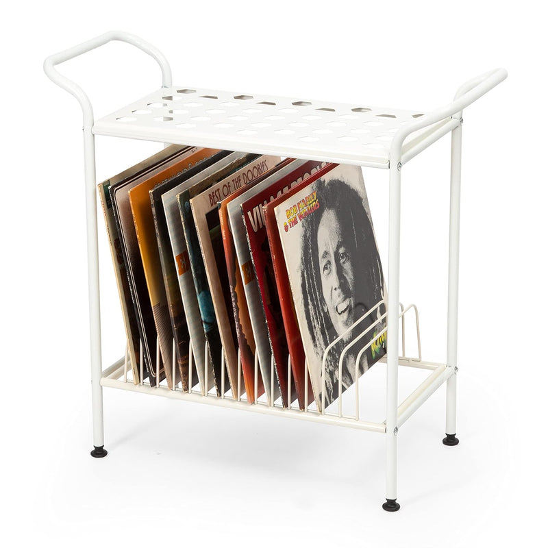 2-Tier White Metal Record Player Stand With 14 Slot Vinyl Record Holder - Turnta