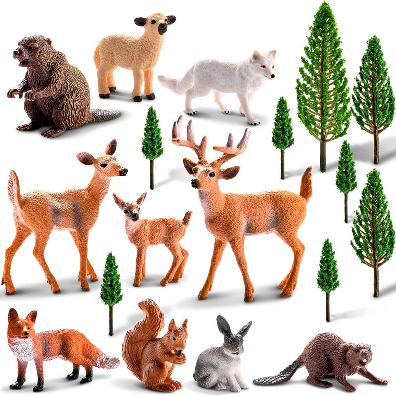 18 Pcs Forest Animals Figurines Woodland Animals Model Trees Kit Miniature