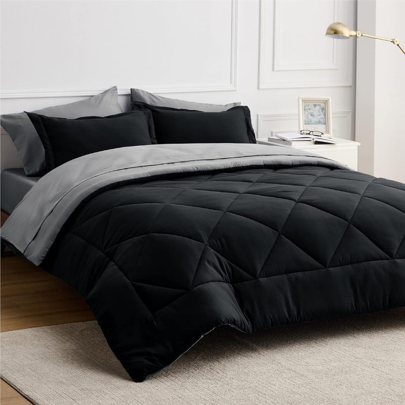 Black Comforter Set King - 7 Pieces Reversible Black Bed Set King, Black Bedding Set King With Comforters, Sheets, Pillowcases & Shams, King Size Black Bed In A Bag