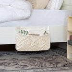 Macrame Bedside Caddy Storage Organizer Boho Remote Control Tablet Magazine Holder with 4 Pockets Non-slip Countertop Bedside Caddy for Home Bedroom Living Room College Dorm Bed, Ivory