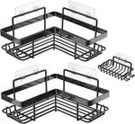 Adhesive Corner Shower Caddy, 3 Pack Organizer Shelf with Soap Holder and 12 Hooks, Shelves Rustproof for Bathroom, Storage Basket Bathroom Accessories(Black)