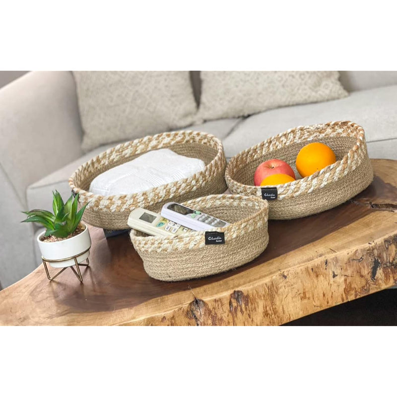 Braided Jute Rope Decor Baskets - Set Of 3 Baskets For Multi-Purpose Storage And