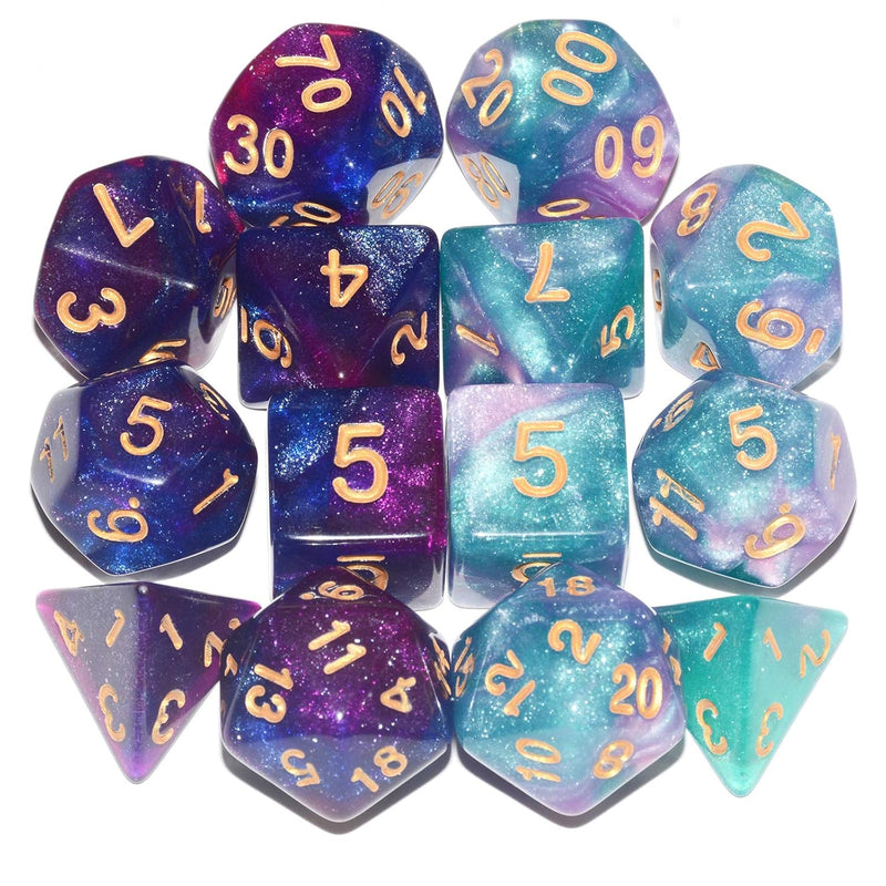 Dnd Dice 2 X 7Sets, 14Pieces Glitter Sparkle Cosmic Mixed Polyhedral Dnd Di