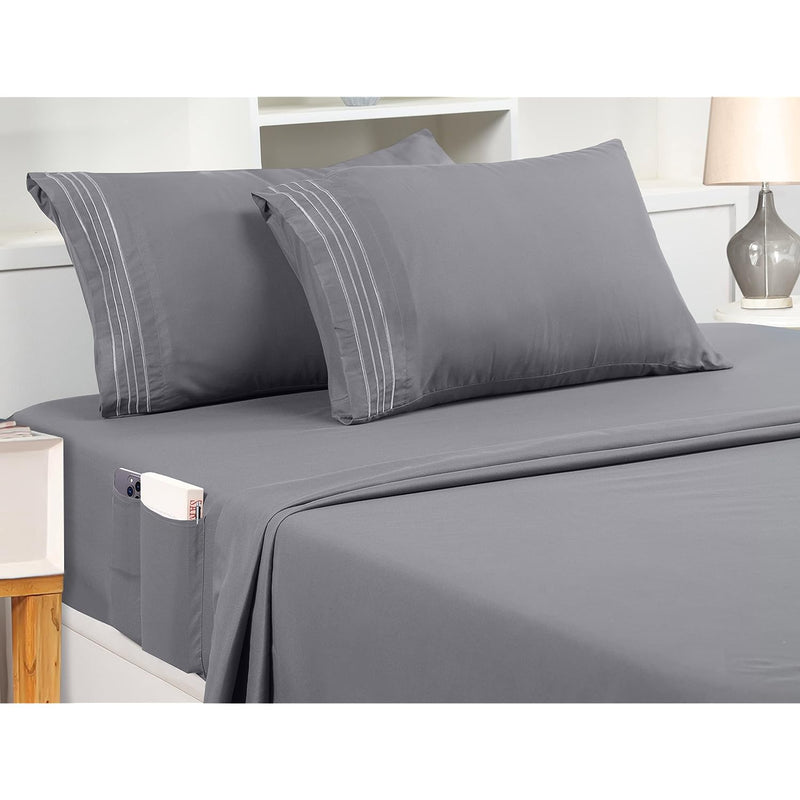 Queen Sheet Set – Soft Microfiber 4 Piece Luxury Bed Sheets With Deep Pockets - Embroidered Pillow Cases - Side Storage Pocket Fitted Sheet - Flat Sheet (Grey)