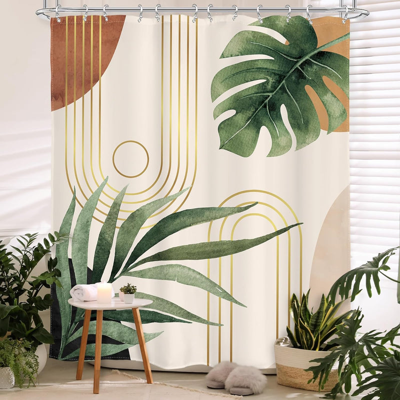 Boho Sage Green Shower Curtain 60Wx72L Inches, Abstract Bohemian Mid Century Bathroom Curtains, Plant Botanical Palm Leaf Shower Curtain Set Bath Accessories Fabric Waterproof 12 Hooks