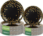 Round Disposable Paper Plates for All Occasions Golden Dots Paper Plates - 100 Pack - 50 x 9" and 50 x 7" Dinner Plates, Foil Polka Dots Disposable Paper Plates Black and Gold Party Supplies Plates