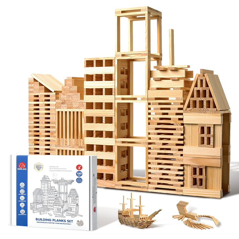 100Pcs Classic Wooden Building Blocks Set,Solid Stem Building Toys For Kids