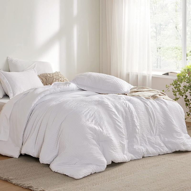 Full Size Striped Seersucker Bedding Set, 7 Pieces, Soft Lightweight Down Alternative Comforter, White, 86 x 82 Inch