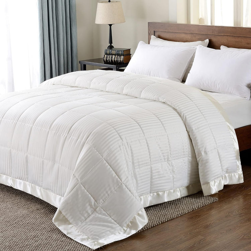 Lightweight Down Alternative Blanket With Satin Trim, King, Ivory, 90 X 108 Inch