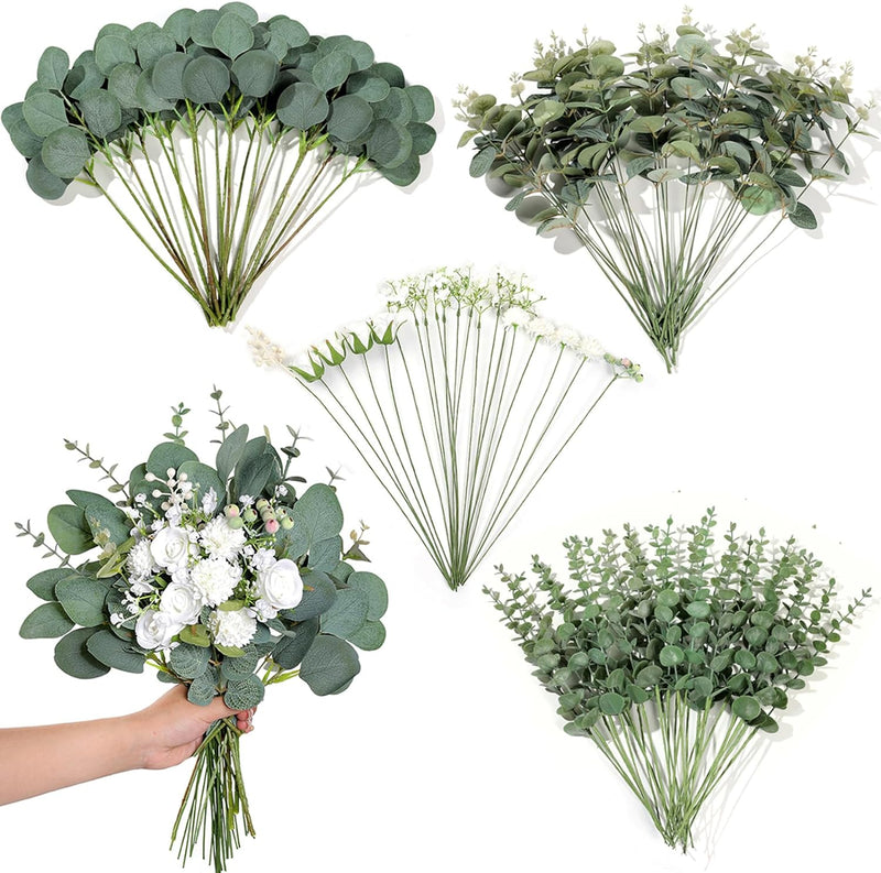 110 Pcs 7 Kinds Mixed Artificial Eucalyptus Stems and Faux Flowers,Fake Silver Dollar Eucalyptus Leaves Stems Bulk Real Touch Leaf Branches for DIY Bouquets Floral Arrangement Wedding Home Decor