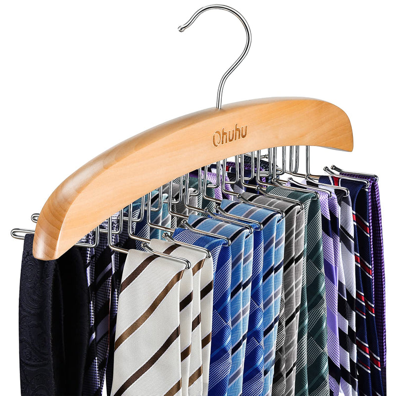 Tie Rack, 24 Hook Holder Tie Hanger Organizer For Closet Wooden Belt Storage Rac