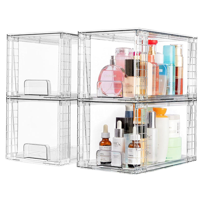 4 Pack Large Stackable Storage Drawers,Clear Acrylic Drawer Organizers With Hand