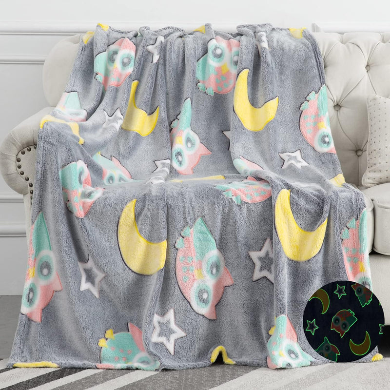 Glow In The Dark Blanket Owl Throw Gifts Toys For Kids Girls Boys Bed Home Bedroom Living Room Decor Soft Cozy Fluffy Lightweight Luminous Plush Blankets Grey 50"X60"