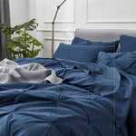 California King Comforter Set - Cal King Bed Set 7 Pieces, Pinch Pleat Navy Blue Cali King Bedding Set With Comforter, Sheets, Pillowcases & Shams