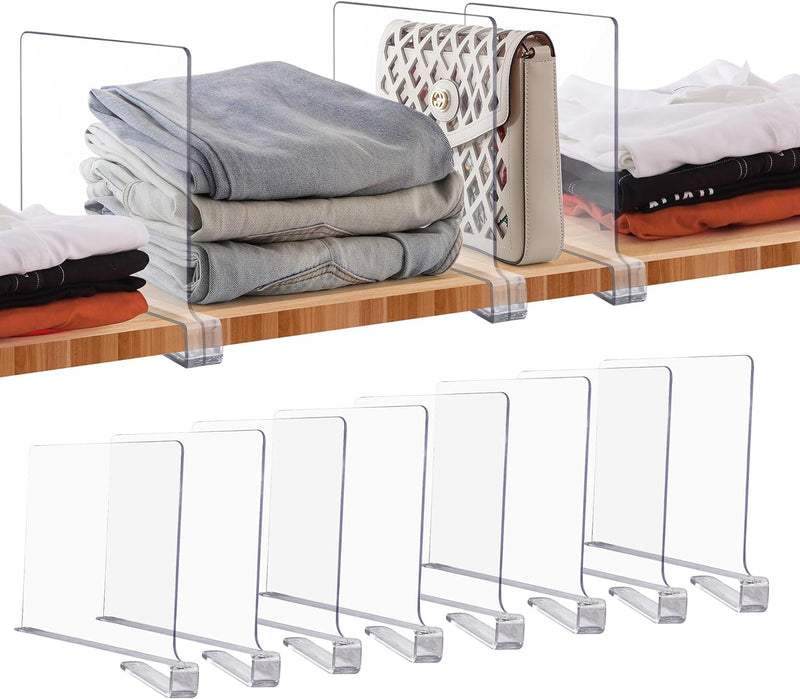 8 Pack Acrylic Clear Shelf Dividers for Closets Organization and Storage Adjustable Vertical Wood Shelf Closet Separators for Clothes,Book,Bags in Bedroom and Kitchen