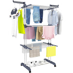 Clothes Drying Rack, Oversized 4-Tier(67.7" High) Foldable Stainless Steel Movable Drying Rack with 4 castors, 24 Drying Poles & 14 Hooks for Bed Linen, Clothing, Grey