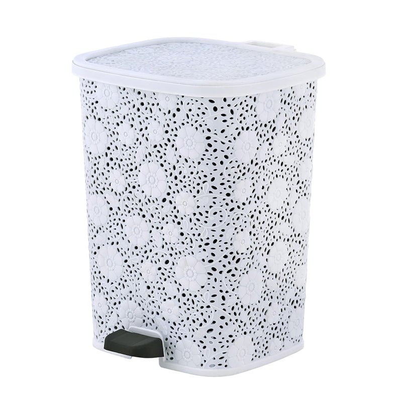 Small Pedal Step-On Trash Can With Lid, White Lace Design 12 Qt. For Bedrooms, B