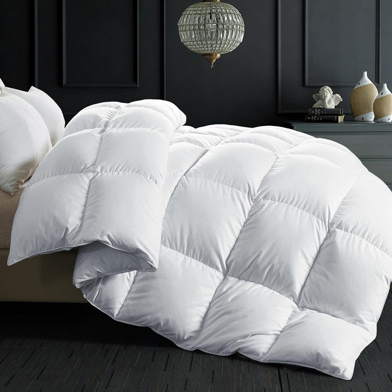 Goose Feather Down Comforter Queen Size - White Down Duvet Insert - Luxurious Fluffy Hotel Style Bedding Comforter - 100% Cotton Cover All Season - Queen Size (90x90 Inch)