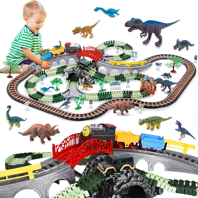 Dinosaur Train Track Set, 2 In 1 Dino Race Car Track, 259 Pcs Flexible Dinosau