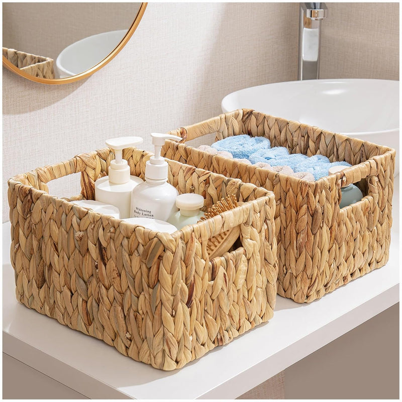 Water Hyacinth Wicker Baskets, Rectangular 12" Wicker Basket 2 Pack, Wicker Bask