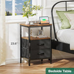 Nightstand with Charging Station, Side Table with Fabric Drawers, End Table with Open Shelf, Bedside Table with USB Ports and Outlets, Night Stand for Bedroom, Rustic Brown and Black