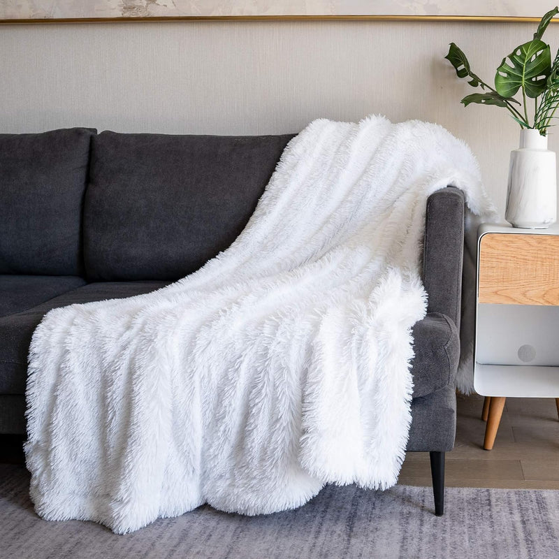 Soft Fuzzy Faux Fur Throw Blanket ,50"X60",Reversible Lightweight Fluffy Cozy Plush Fleece Comfy Furry Microfiber Decorative Shaggy Blanket For Couch Sofa Bed,Pure White