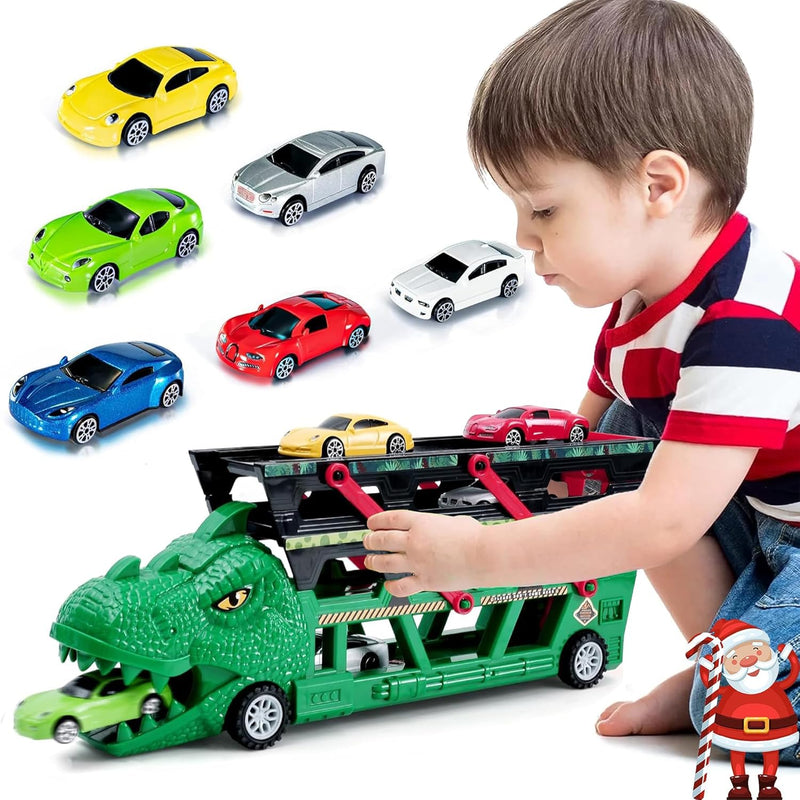 Dinosaur Truck Toys With 6 Die Cast Alloy Race Cars For 3 4 5 6+ Years Old Boy