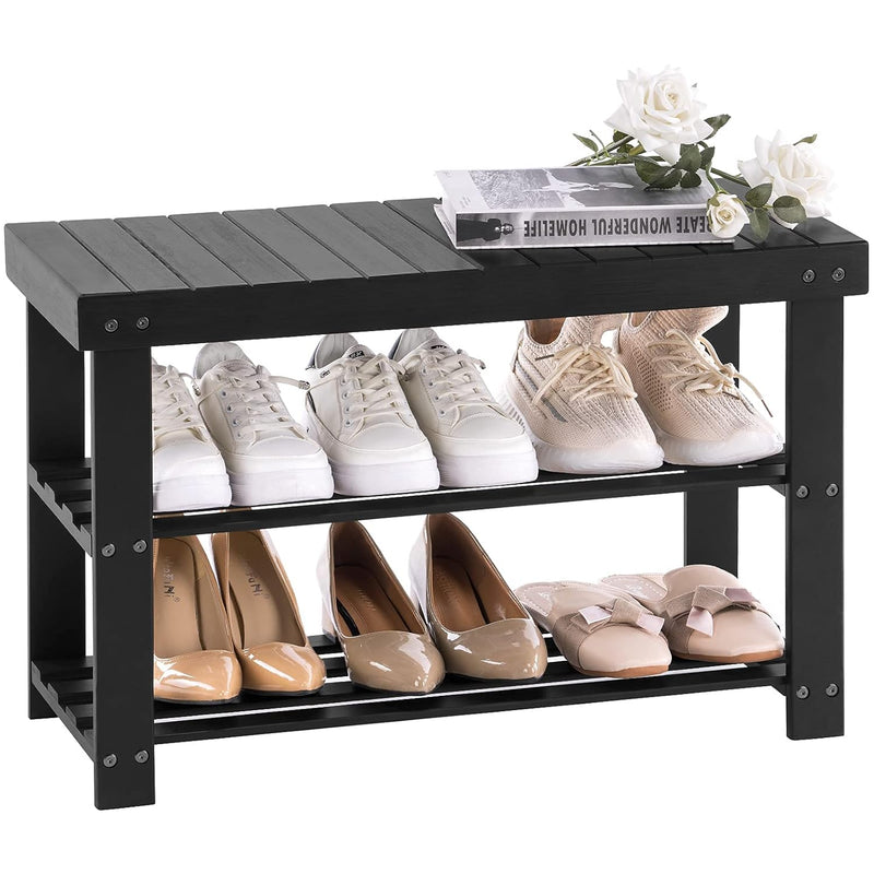 Bamboo Shoe Rack For Entryway, 3-Tier Shoe Rack Bench For Front Indoor Entrance,