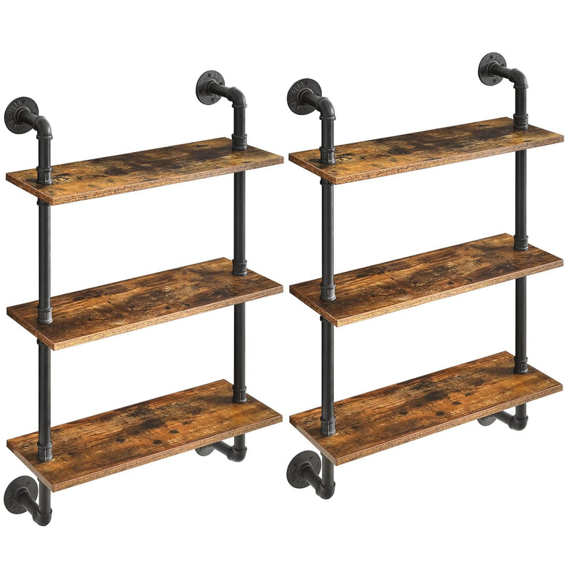 Industrial Pipe Shelf Bracket, 3 Tiers Retro Wall Mounted Floating Shelf, Wood D