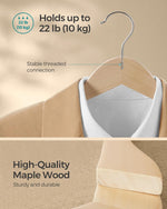 Wooden Hangers, Pack of 24, Coat Hangers, Non-Slip, Pants Bar, 360° Swivel Hooks, for Jackets, Shirts, Coats, Natural Beige UCRW010N24