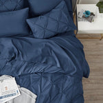 California King Comforter Set - Cal King Bed Set 7 Pieces, Pinch Pleat Navy Blue Cali King Bedding Set With Comforter, Sheets, Pillowcases & Shams