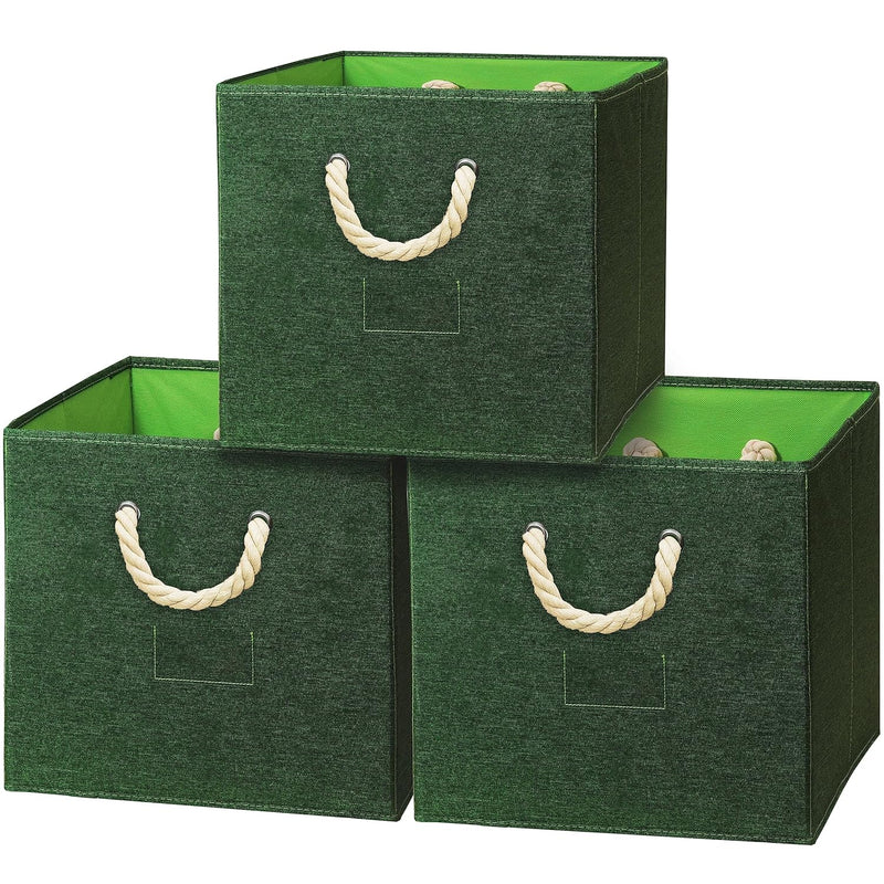 13" Cube Storage Bin With Braided Rope Handles, 3 Pack, Forest Green