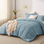 Blue Queen Comforter Set - Mineral Blue Basket Weave Pattern Down Alternative Comforter Set Box Stitching Duvet Insert, Lightweight All Season Bedding Set With 2 Pillow Shams