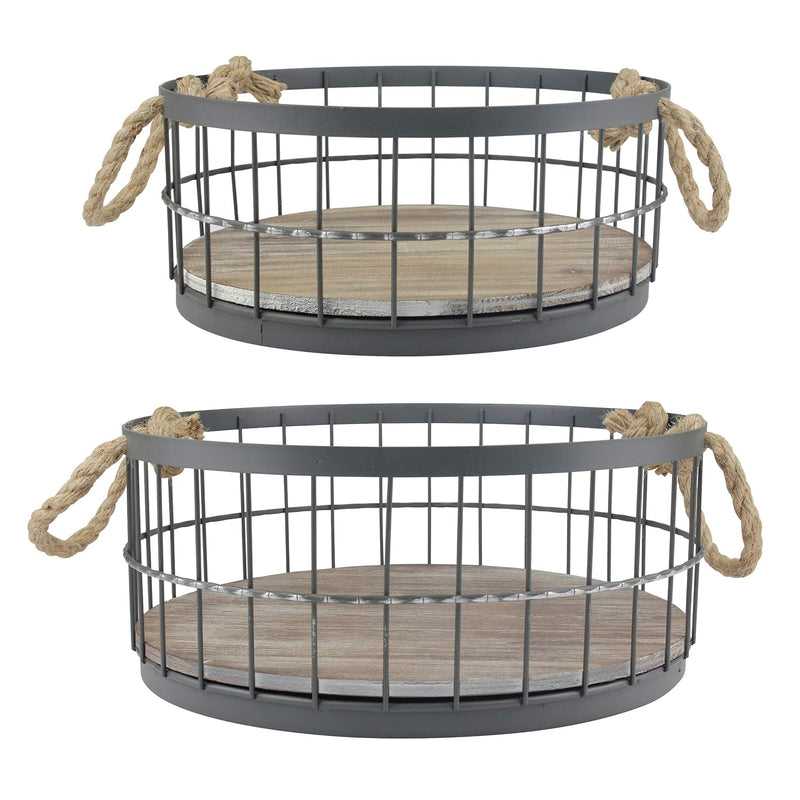 2Pc Round Stackable Metal Wire And Wood Basket Set With Rope Handles, Rustic Dec