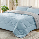 Sky Blue Queen Comforter Set - 7 Pieces Reversible Queen Bed In A Bag Queen Bed Set With Comforters, Sheets, Pillowcases & Shams, Queen Bedding Sets