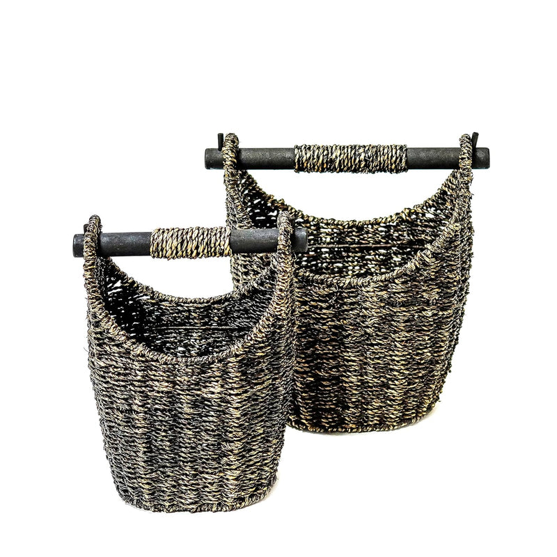 12.2" & 9.4" Seagrass Baskets With Wooden Handles - Set Of 2 (Brown)