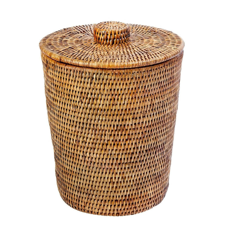 1030073 La Jolla Rattan Round Waste Basket With Plastic Insert & Lid, 9.5" X 9.5