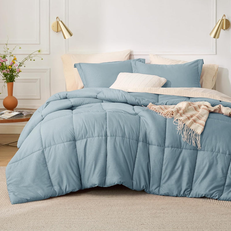 Blue Queen Comforter Set - Mineral Blue Basket Weave Pattern Down Alternative Comforter Set Box Stitching Duvet Insert, Lightweight All Season Bedding Set With 2 Pillow Shams