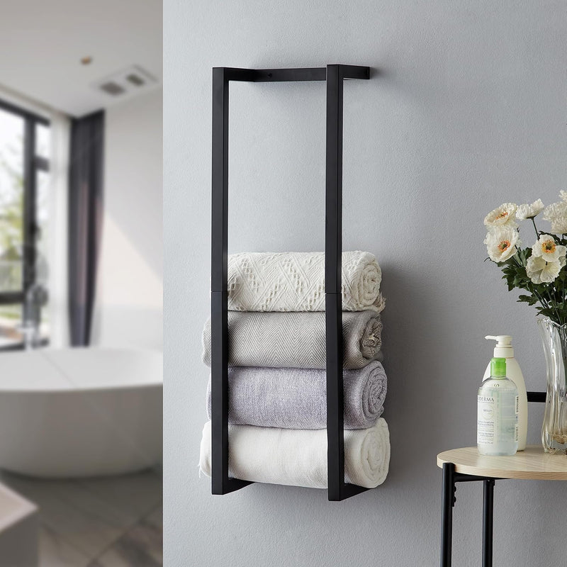 Towel Rack for Rolled Towels, Towel Rack for Bathroom,Wall Mounted Metal Bathroom Organizer, Bath Towel Holder Wall for Modern Small Space Bathroom Towel Storage (Black)