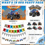 Truck Birthday Party Supplies Truck Theme Party Decorations, 99 Pcs(Backdrop Tablecloth Banner Triangle Bunting Cake Toppers Foil Balloons Honeycomb Centerpieces Flags Balloon Garland Arch Kit)