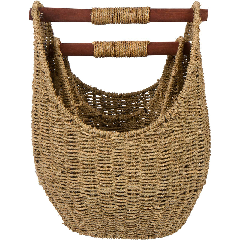 12.2" & 9.4" Seagrass Baskets With Wooden Handles - Set Of 2 (Natural)