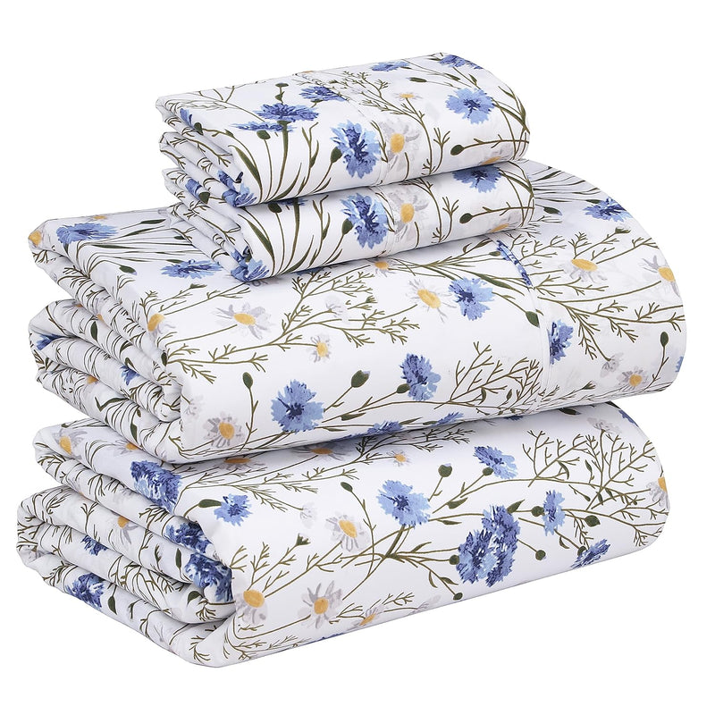 100% Cotton Percale Sheets For Full Size Bed - 16 Inches Deep Pocket Perfect Fitting - Crisp & Cool - Smooth & Comfortable - Durable Blue Floral Sheet Sets (1 Flat, 1 Fitted & 2 Pillowcases)