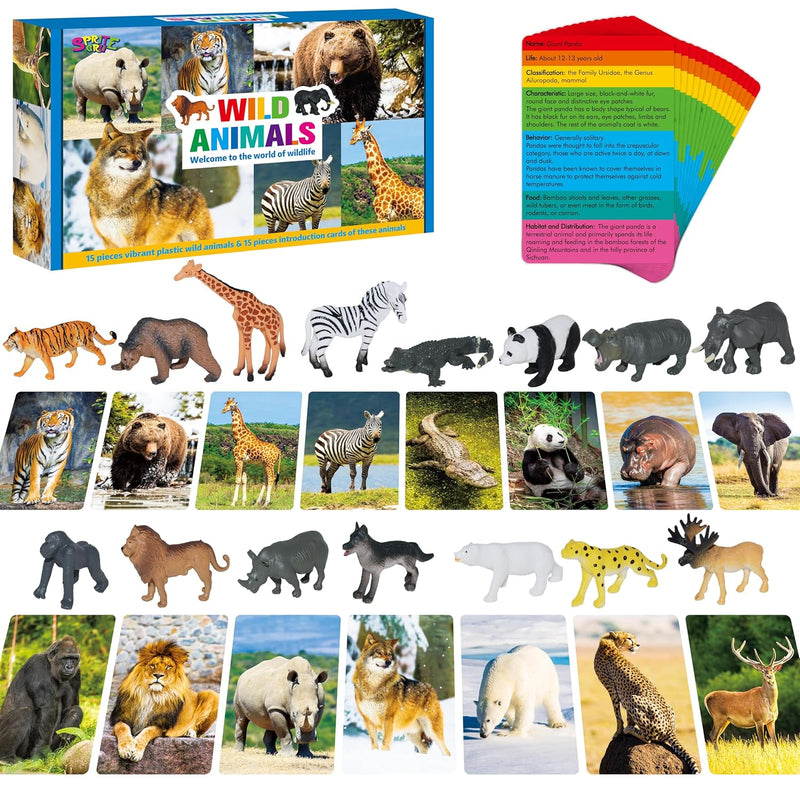 15 PCS Safari Animal Figurines with 15 Introducing Flashcards, Realistic Zo