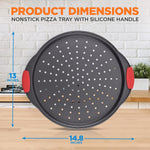 13-Inch Nonstick Pizza Tray - Round Carbon Steel Non-Stick Pizza Baking Pan with Perforated Holes, Premium Bakeware Pizza Screen with Silicone Grip Handles, Dishwasher Safe - NCBPIZ1