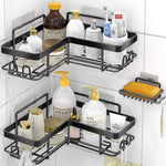 Adhesive Corner Shower Caddy, 3 Pack Organizer Shelf with Soap Holder and 12 Hooks, Shelves Rustproof for Bathroom, Storage Basket Bathroom Accessories(Black)