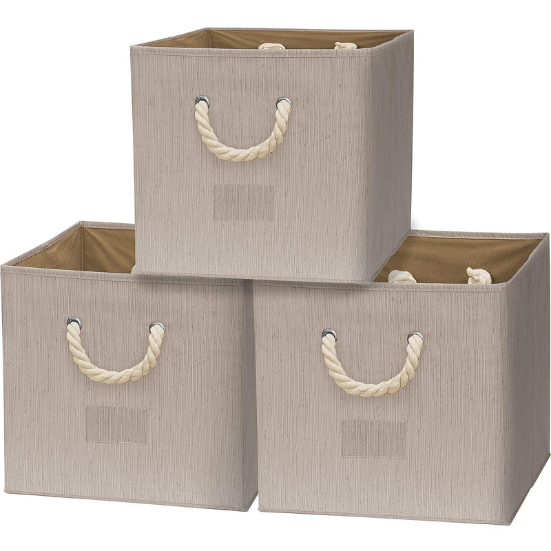 13" Cube Storage Bin With Braided Rope Handles, 3 Pack, Beige